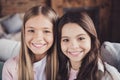 Close-up portrait of two nice-looking adorable lovely attractive lovable cheerful cheery friendly girls good day dream Royalty Free Stock Photo