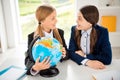 Close-up portrait of two person nice attractive charming cute smart clever diligent cheerful cheery girls researching Royalty Free Stock Photo