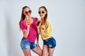 Close-up portrait of two person nice cute cool fascinating lovely attractive charming cheerful girls in casual clothes Royalty Free Stock Photo