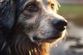 Close up portrait unhappy wet black grey dog with smart brown plaintive eyes thinking look listening owner rain walk Royalty Free Stock Photo