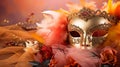 Close-Up Portrait of Venetian Carnival Mask with Vibrant Feathers on Peach Fuzz Background, Copy Space