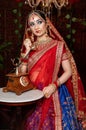 Close up Portrait of very beautiful indian Bride in bridal costume with makeup and stone jewellery Royalty Free Stock Photo