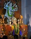 Close up portrait view of decorated and garlanded idol of Hindu God Ganesha in Pune ,Maharashtra, India