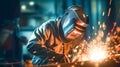 Close up portrait view of professional mask protected welder man in uniform working. Worker welding in a factory.