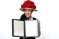 Close up portrait of a waitress who winks mischievously and holding the menu