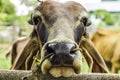 Close Up Portrait of white and brown cow and animal red calf child in green background. cows standing on the ground with farm agri Royalty Free Stock Photo