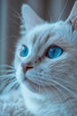Close up Portrait of a White Cat with Striking Blue Eyes and Soft Fur Texture in Serene Indoor Setting