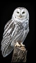 Close-up portrait of a white owl with yellow eyes and beak, black background, minimalism.