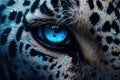 Close up portrait of white wildcat with striking neon blue eyes, a symbol of untamed wilderness