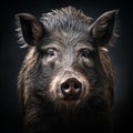 Close-up portrait of wild boar on black background.