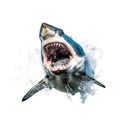 close-up portrait of a wild shark, attacks, jumps towards the camera, angry animal grin, isolated