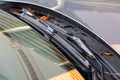 A close up portrait of a windshield wiper of a car standing at its lowest of base position and the blade is resting on the glass Royalty Free Stock Photo