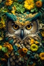 Portrait of an wise owl with beutiful flowers background.AI generated