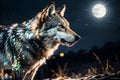 Close-up portrait of a wolf in the city at night