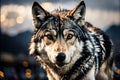 Close-up portrait of a wolf in the city at night