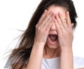 Close up portrait of woman angry yelling frustrated screaming out loud