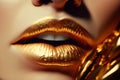 Close-up portrait of woman with golden lipstick.