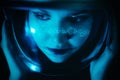 A close-up portrait of a woman wearing an astronaut helmet with starry makeup against the backdrop of the dark cosmos. Space