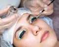 Close-up portrait of a woman on eyelash lamination procedure. The master applies tint to the eyelashes.