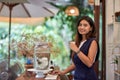 Close-Up portrait of young asian woman posing in cafe Royalty Free Stock Photo