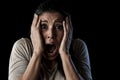 Close up portrait young attractive Latin woman screaming desperate screaming in primal fear emotion Royalty Free Stock Photo