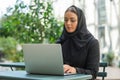 Close-up portrait of young and attractive muslim woman in hijab. Middle Eastern woman outdoor on the street. City Royalty Free Stock Photo