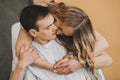 Close up portrait of young attractive romantic couple hugging, being loving with each other. Love and relationships lifestyle Royalty Free Stock Photo