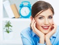 Close up portrait of young beautiful business woman in white of Royalty Free Stock Photo