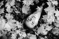 Close-up portrait of young beautiful girl lying on the autumn leaves. Black and white photo. Royalty Free Stock Photo