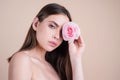 Close-up portrait of young beautiful sexy woman with red rose. Woman day concept. Beautiful young pretty woman with Royalty Free Stock Photo