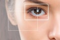 Close-up portrait of young and beautiful woman with the virtual hologram on her eyes Royalty Free Stock Photo