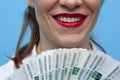 Close-up portrait of young business woman with money cash fan Royalty Free Stock Photo