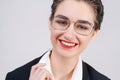 Close up portrait young business woman who looks happy and confident. Smile Royalty Free Stock Photo