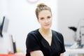 Close up portrait of young female doctor ophthalmologist during appointment of patient. Optometrist consultation, checkup of Royalty Free Stock Photo