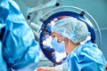 Close up portrait of young female surgeon doctor wearing protective mask and hat during the operation. Healthcare Royalty Free Stock Photo