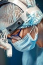 Close up portrait of young female surgeon doctor wearing protective mask and hat during the operation. Healthcare Royalty Free Stock Photo
