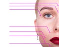 Close-up portrait of young, fresh and natural woman with the dotted arrows on her face pointing on a face areas. spa Royalty Free Stock Photo