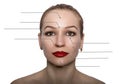 Close-up portrait of young, fresh and natural woman with the dotted arrows on her face pointing on a face areas. spa Royalty Free Stock Photo