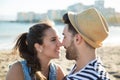 Young happy couple looking at each other on beach Royalty Free Stock Photo