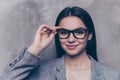 Close up portrait of young happy smiling freelancer in jacket to Royalty Free Stock Photo