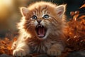 Close-up portrait of a young kitten roaring