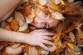 Close up portrait young lovely redhead lady, covered with red and orange autumnal leaves. Beautiful sexy girl lying on autumn Royalty Free Stock Photo