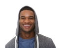 Close up portrait of a young man smiling with hooded sweatshirt