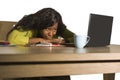 Close up portrait of young sad and depressed black afro American business woman crying while working at office computer desk feeli Royalty Free Stock Photo