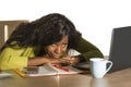 Close up portrait of young sad depressed black afro American business woman crying while working at office computer desk feeling h Royalty Free Stock Photo