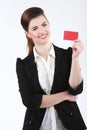 Close-up portrait of young smiling business woman holding credit Royalty Free Stock Photo