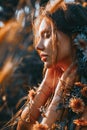 Close up portrait of young and tender woman on a feild at sunset Royalty Free Stock Photo