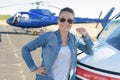 Close up portrait young woman helicopter pilot Royalty Free Stock Photo