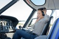 Close up portrait young woman helicopter pilot Royalty Free Stock Photo