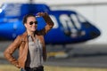 Close up portrait young woman helicopter pilot Royalty Free Stock Photo